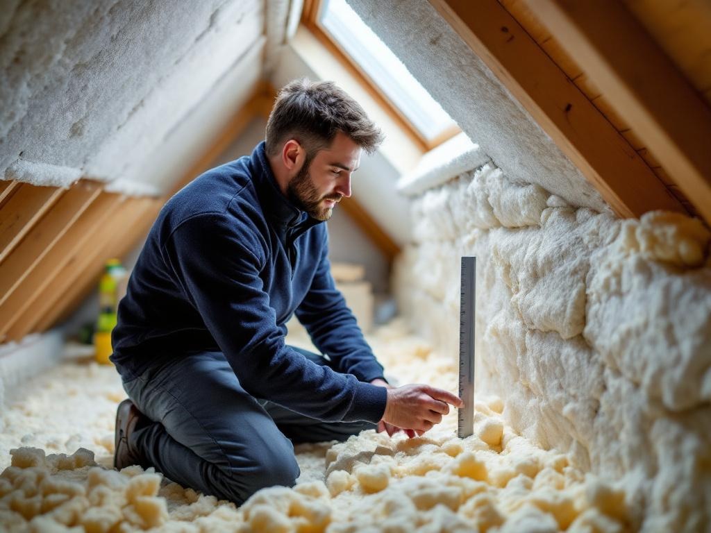 North East energy efficiency — A male energy assessor in a navy fleece kneeling in a loft space, measuring insulation depth with a ruler against exposed mineral wool loft insulation, with roof timbers visible above and natural daylight coming through a loft hatch below.