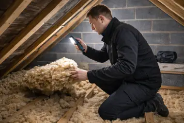 Domestic energy assessor inspecting loft insulation during an EPC certificate assessment