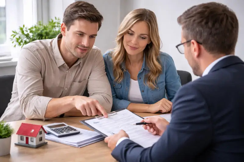 Couple meeting a mortgage advisor to discuss EPC mortgage options for a new home purchase