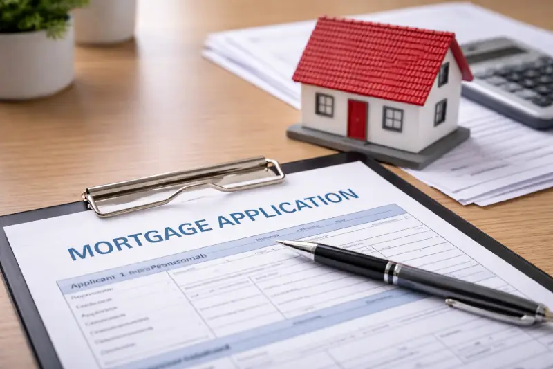 Mortgage documents and a small house model on a desk representing EPC mortgage application process
