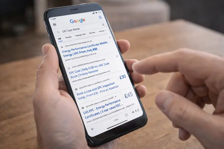 Confusing EPC price search results on a smartphone showing wildly different costs across providers