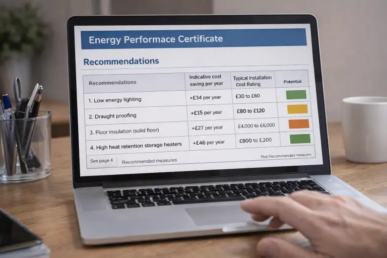 EPC recommendations report showing home improvement measures with estimated costs and energy savings