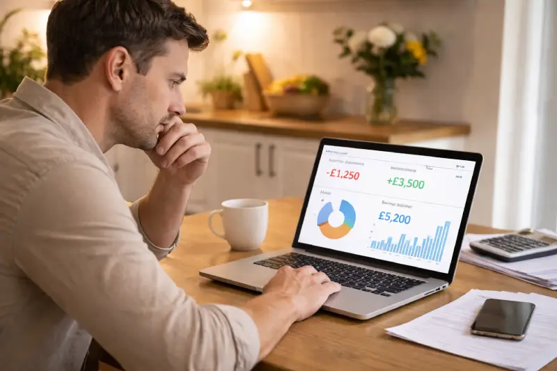 Homeowner comparing mortgage rates on a laptop showing the impact of EPC mortgage eligibility on monthly payments
