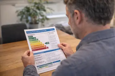 Homeowner reviewing an EPC certificate report with energy improvement recommendations