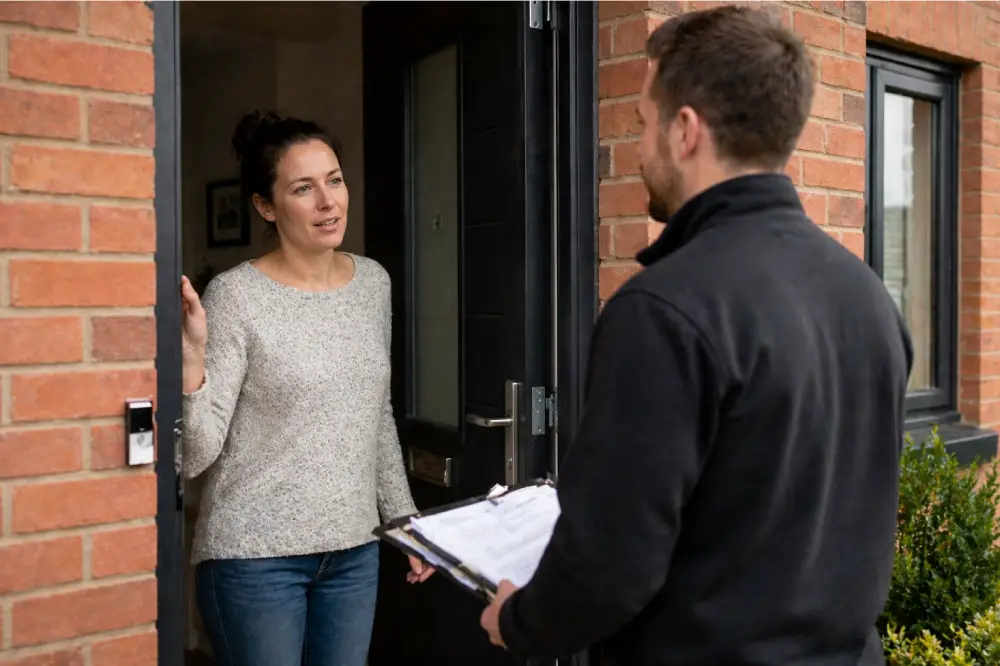 new build snagging survey — a homeowner discussing defects with site representative