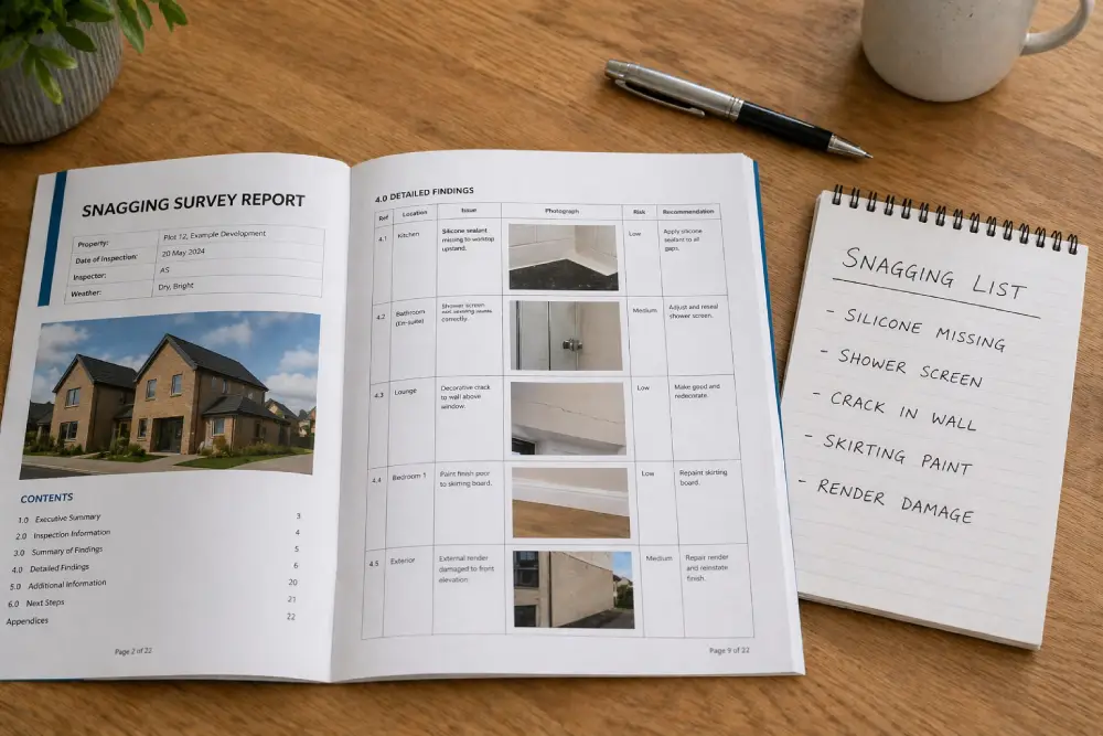 A professional snagging survey report open on a table with photographs visible — clear, well-lit, showing the standard of a professional report vs a handwritten list