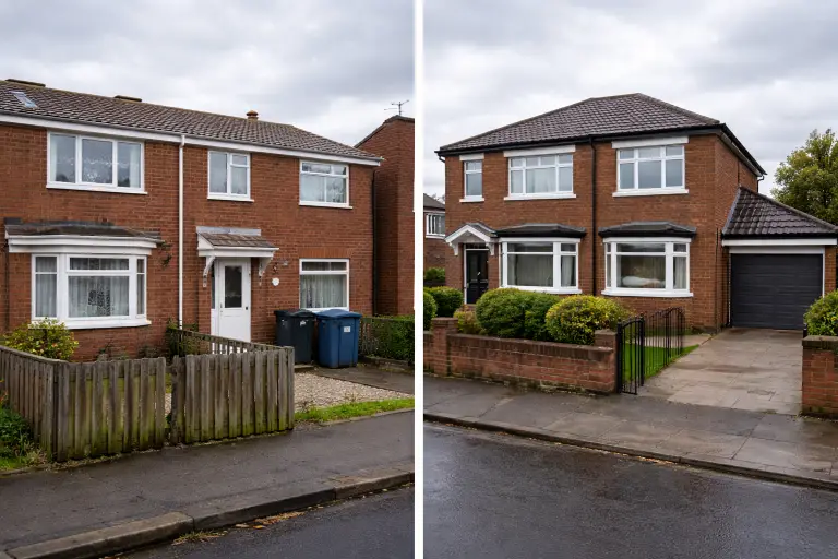 Contrasting terraced and detached properties illustrating why EPC costs vary by property size