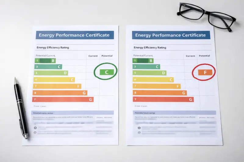 Side by side comparison of two EPC certificates with different ratings showing the risk of a cheap EPC assessment